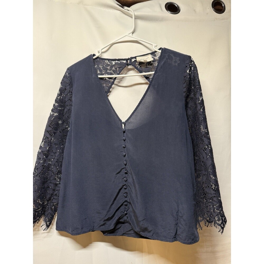 Sezane Navy Blue 100% Silk Lace Sleeve Button Front Blouse Top Size 38 US